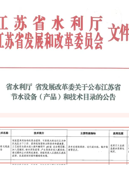 入选江苏省节水设备（产品）和技术目录
